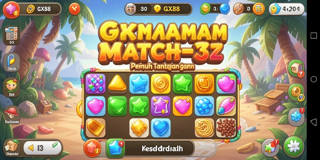 Tangkapan layar GX88 menunjukkan permata colorful dan gameplay menarik.