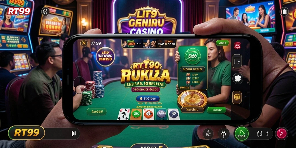 Screenshot gameplay RT99 menampilkan dealer langsung dan suasana kasino yang hidup.
